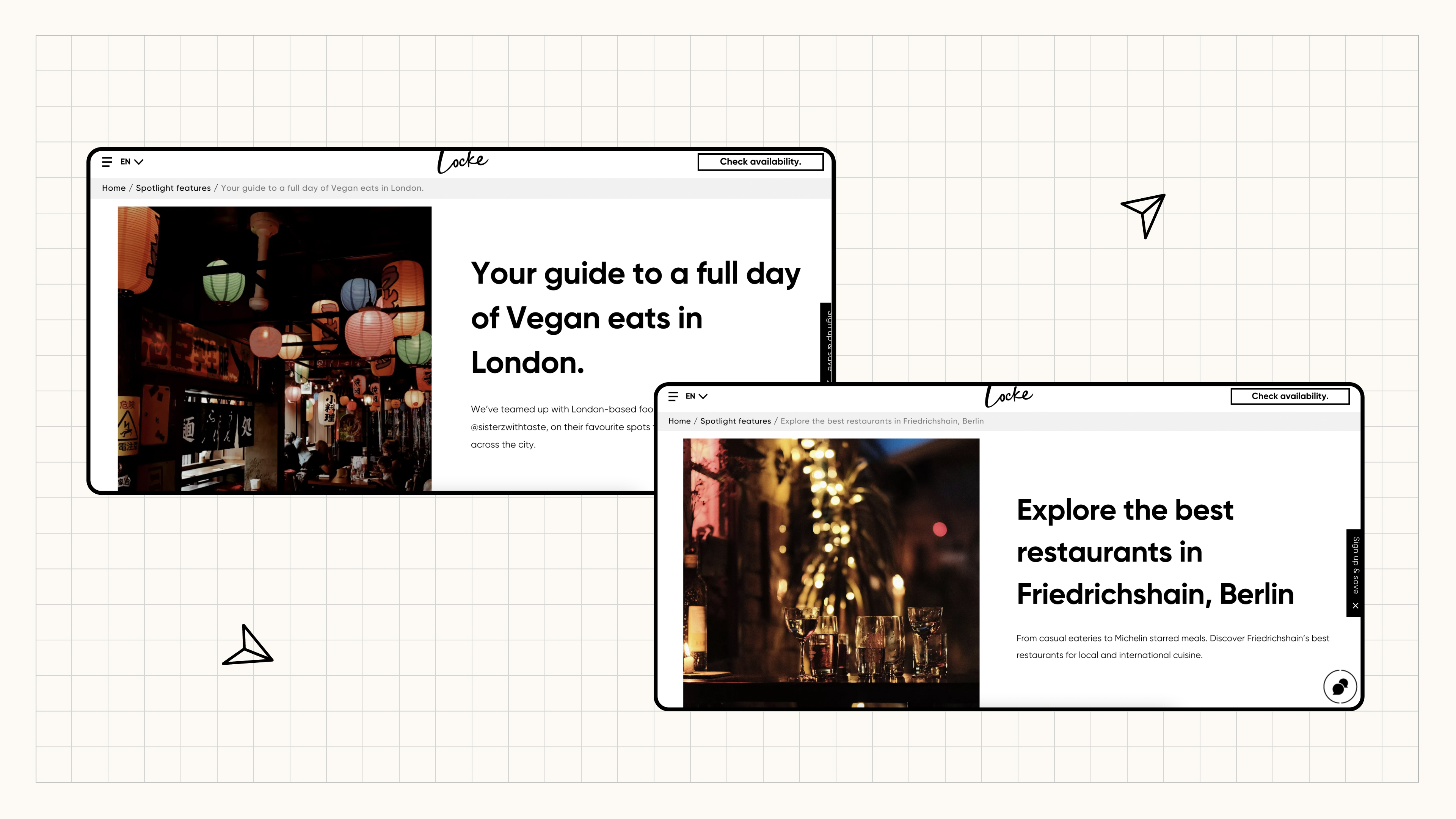 Two website pages showing guides for vegan food in London and best restaurants in Friedrichshain, Berlin.