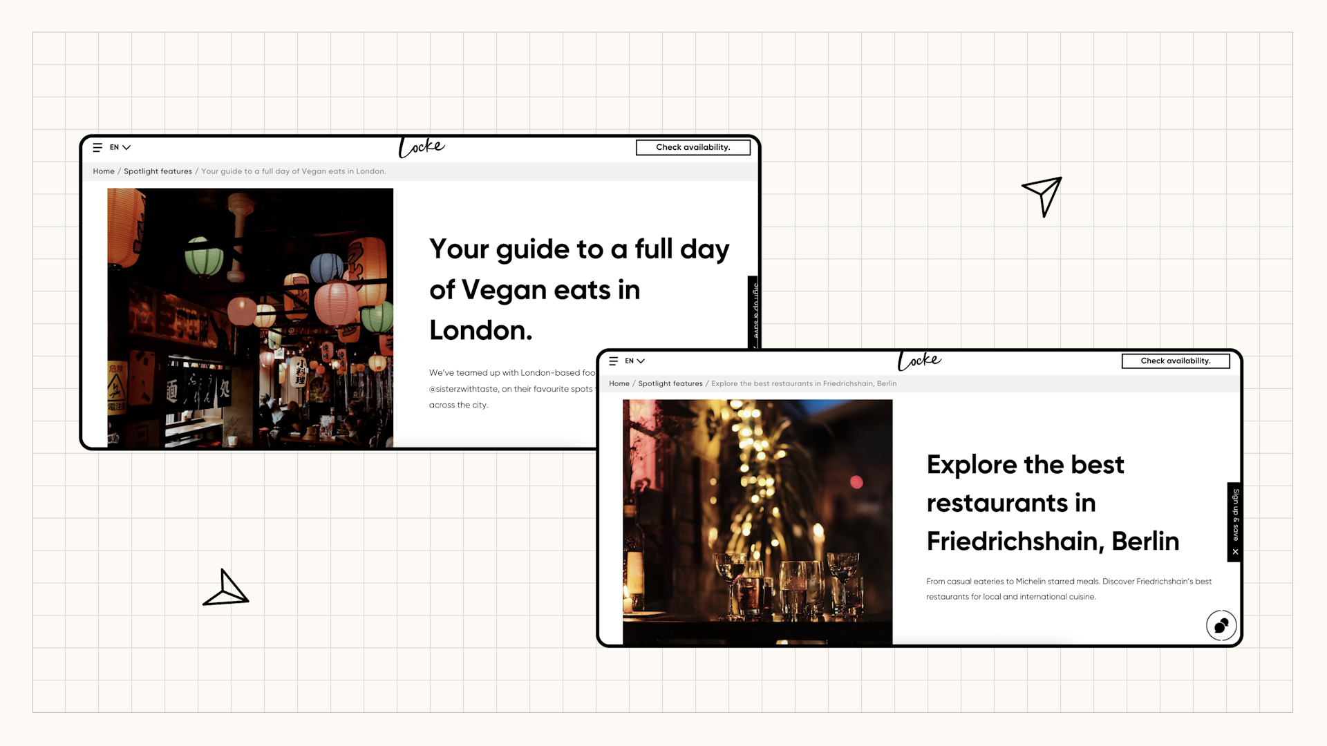 Two website pages showing guides for vegan food in London and best restaurants in Friedrichshain, Berlin.