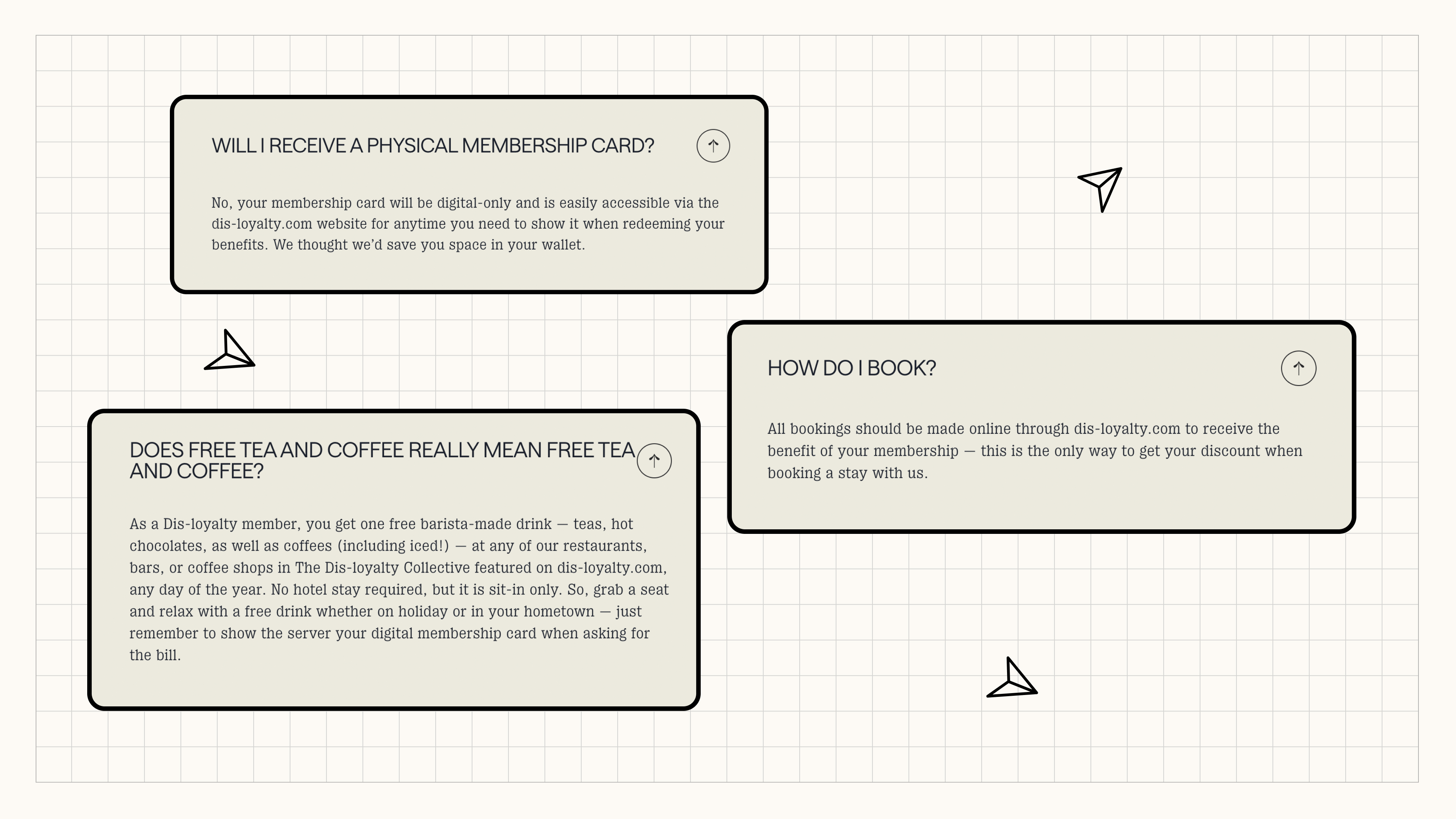 An FAQ section with questions about membership cards, booking, and complimentary tea and coffee.