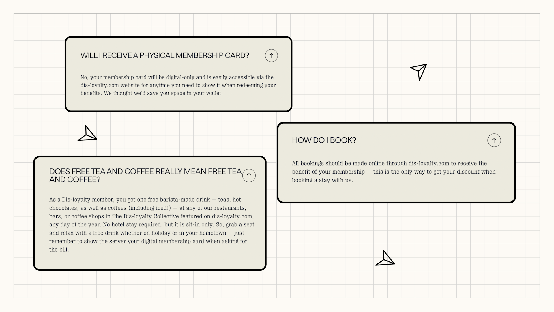 An FAQ section with questions about membership cards, booking, and complimentary tea and coffee.