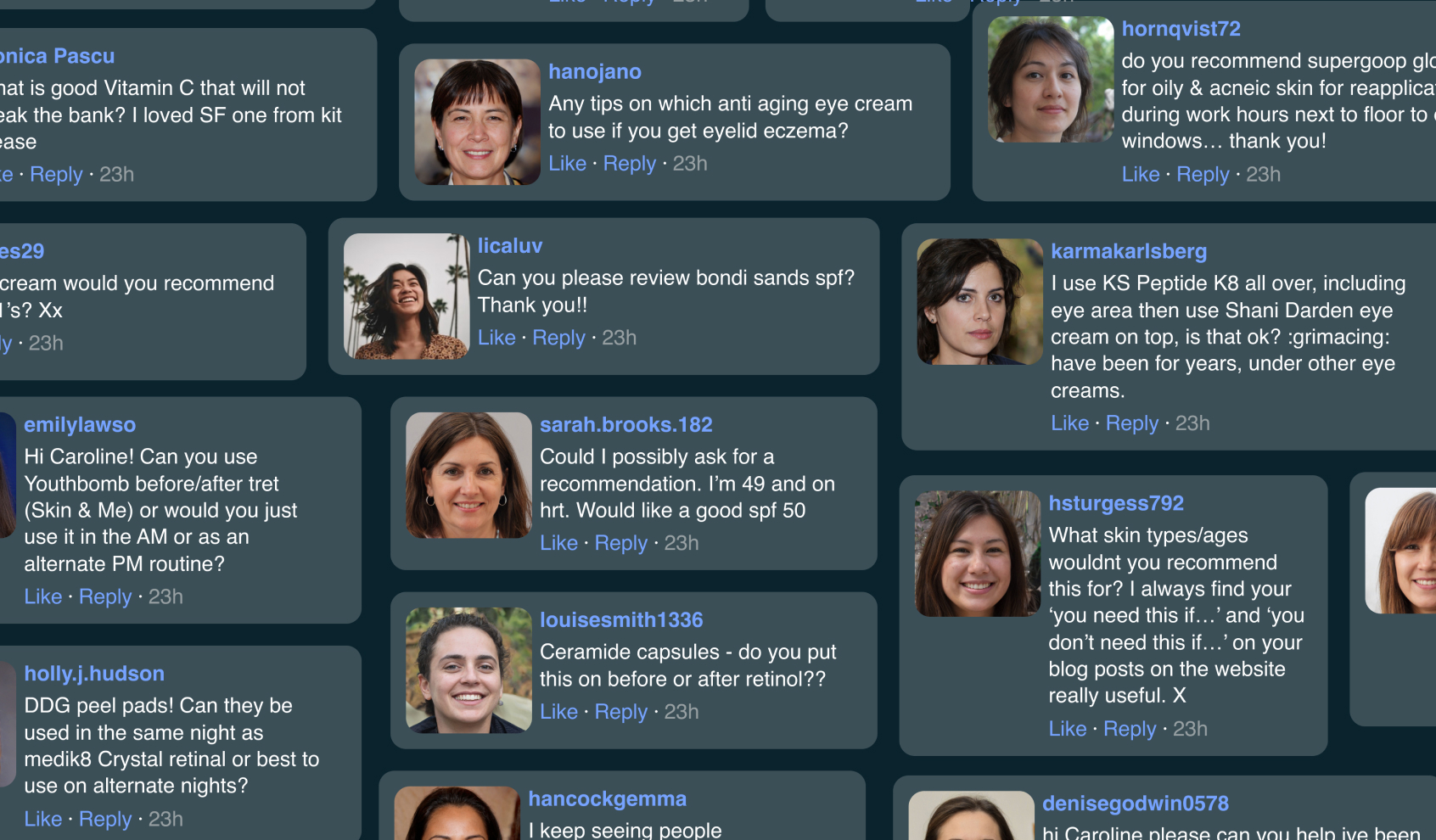 A screenshot of a social media platform showing various users discussing skincare products.