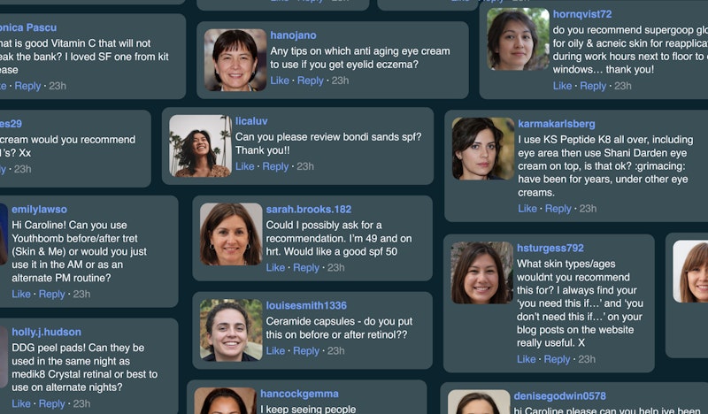 A screenshot of a social media platform showing various users discussing skincare products.