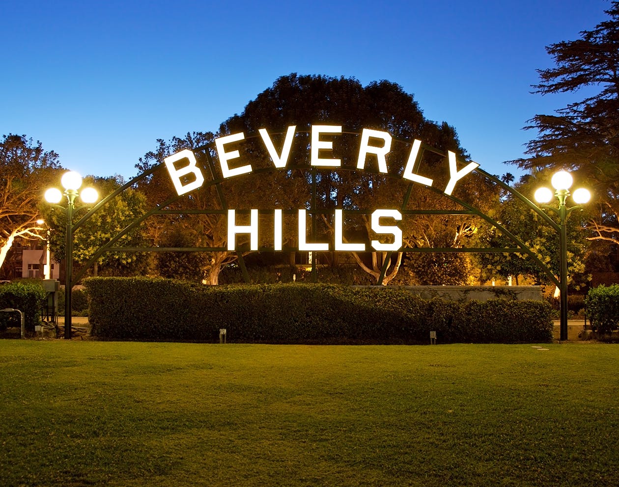 a lit up Beverly Hills sign