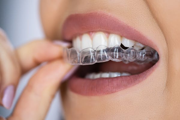 smiling woman putting in invisalign