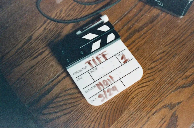 A clapperboard (or "slate") on a wooden surface. The clapperboard indicates that it was used on one of Tiffany's music videos.