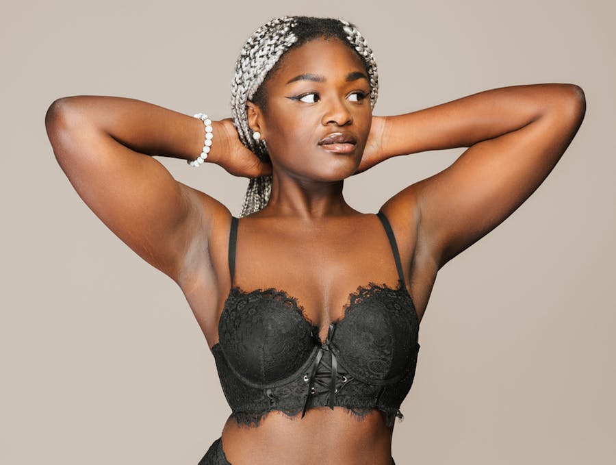 Woman wearing black bra