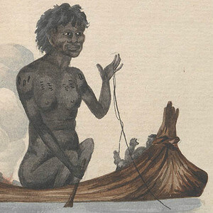 Aboriginal woman in canoe c1805. (Mitchell Library, State Library of NSW - PXB 513)