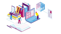 illustratie van meerdere personen die bezig zijn met lezen via een boek of een scherm