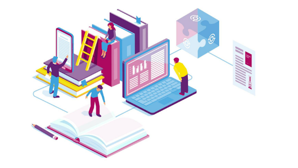 illustratie van meerdere personen die bezig zijn met lezen via een boek of een scherm
