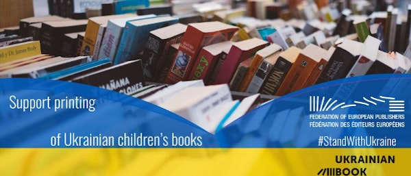 Banner van de Ukrainian Book Institute met de tekst support printing of ukrainian children's books