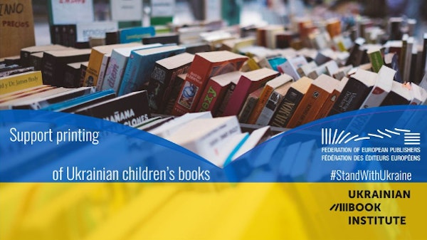 Banner van de Ukrainian Book Institute met de tekst support printing of ukrainian children's books