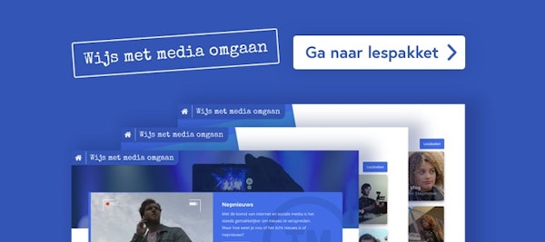 Promotieafbeelding van klasseTV met screenshots van de verschillende lespakketten onder het thema 'Wijs met media omgaan'