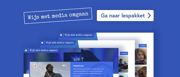 Promotieafbeelding van klasseTV met screenshots van de verschillende lespakketten onder het thema 'Wijs met media omgaan'