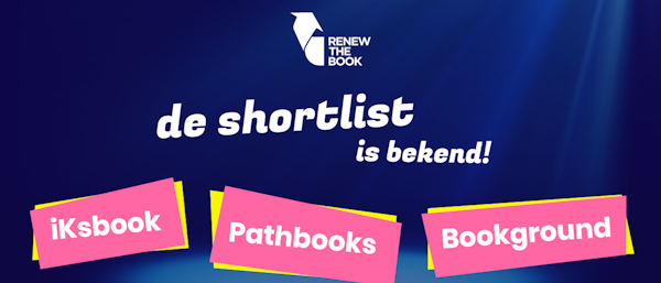 Banner van Renew the Book met daarop de namen van de shortlist: iksbook, pathbooks en bookground