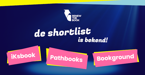 Banner van Renew the Book met daarop de namen van de shortlist: iksbook, pathbooks en bookground