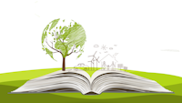 decoratief: opengeslagen boek met rechtopstaand afbeeldingen van een boom, auto, windmolens, huis en zonnepanelen