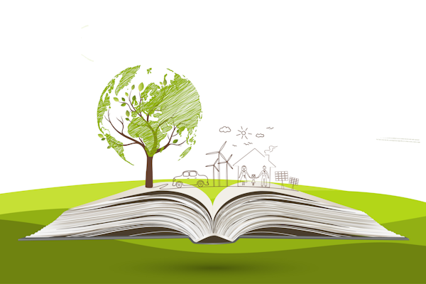 decoratief: opengeslagen boek met rechtopstaand afbeeldingen van een boom, auto, windmolens, huis en zonnepanelen
