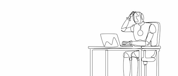 tekening van een robot aan een bureau met een laptop