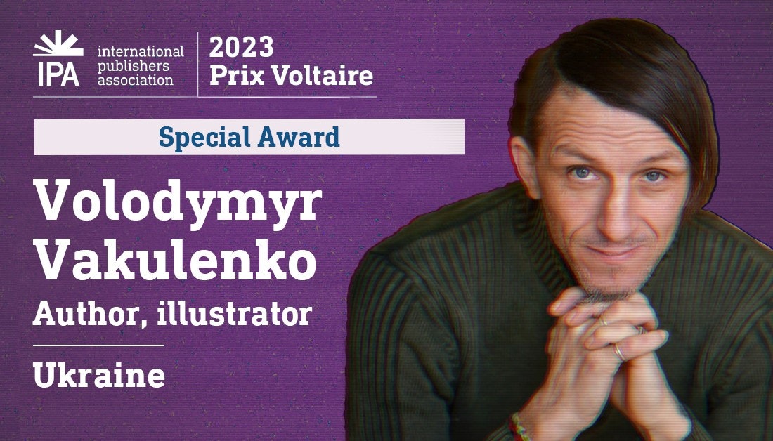 man met half lang donker haar en zwarte trui. Tekst: Special Award Volodymyr Vakulenko, author, illustrator, Ukraine