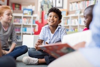 decoratief: kinderen die in een groepje lezen voor boekenkasten