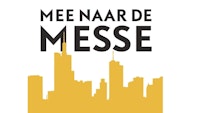 gele skyline van Frankfurt met daarboven in zwarte letters 'Mee naar de Messe'