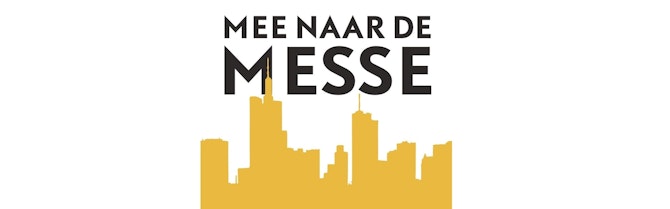 gele skyline van Frankfurt met daarboven in zwarte letters 'Mee naar de Messe'