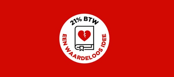 boek met op cover een gebroken hart en de tekst '21% btw, een waardeloos idee' eromheen in een cirkel