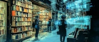 Een AI gegenereerde afbeelding van een straat met links boekenkasten.