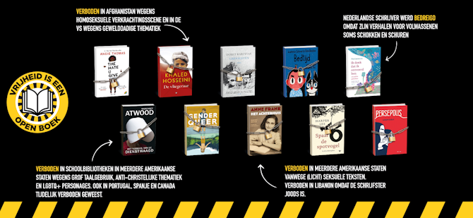 Campagnebeeld ‘Vrijheid is een open boek’. Boekomslagen van wereldwijd verboden of gecensureerde titels, zoals The Hate U Give, De vliegeraar, Het Achterhuis en Persepolis, afgebeeld met kettingen en sloten eromheen.