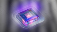 Een lichtgevende AI knop op een ruitjes patroon