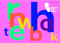 Roze achtergrond met op de voorgrond gekleurde letters in verschillende kleuren en het logo van Renew the Book