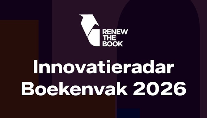 Logo Renew the Book en tekst: 'Innovatieradar Boekenvak 2026' op een zwarte achtergrond
