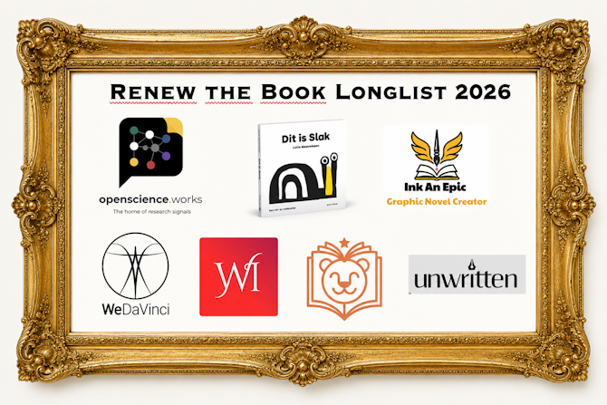 Gouden lijst met daarin de logo's van de zeven genomineerden initiatieven voor Renew the Book