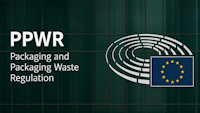 Groene achtergrond / Tekst: PPWR Packaging and Packaging Waste Regulatoin / Rechts: logo van het Europese parlement