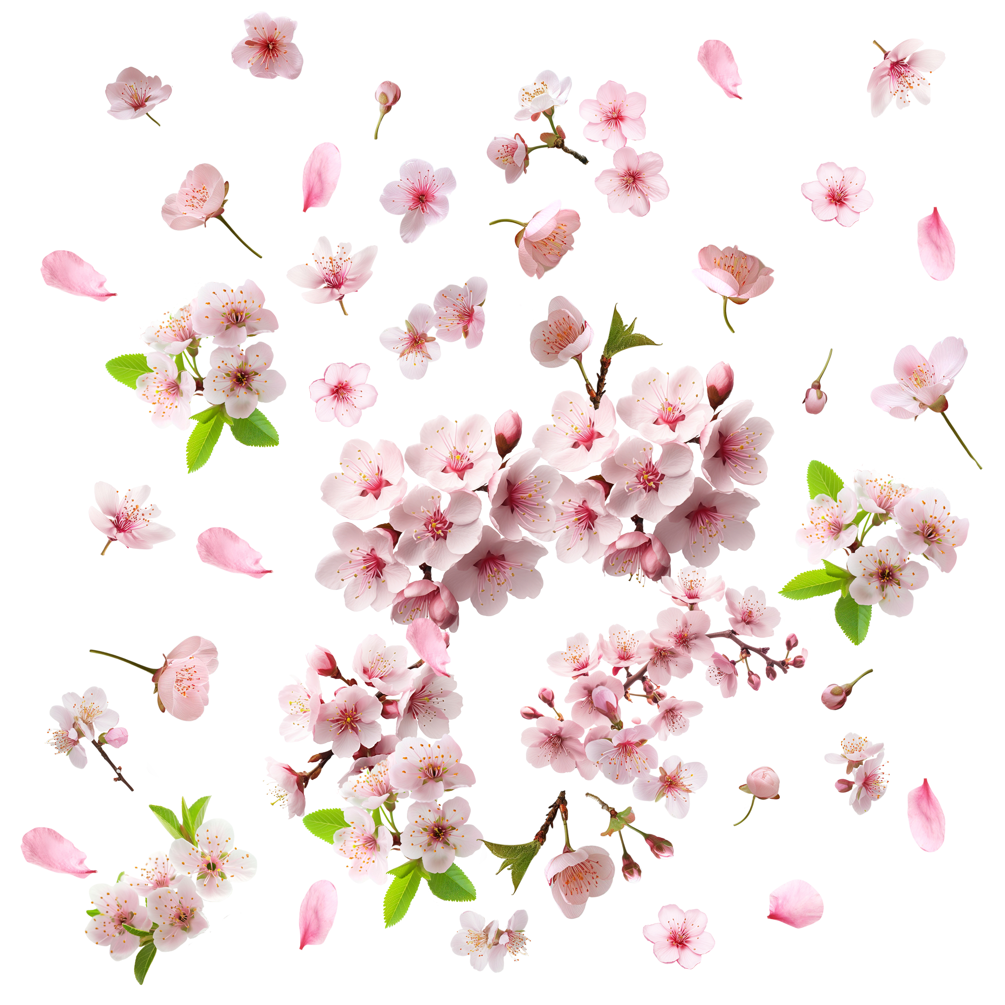 Caption: a bunch of pink flowers on a white background
