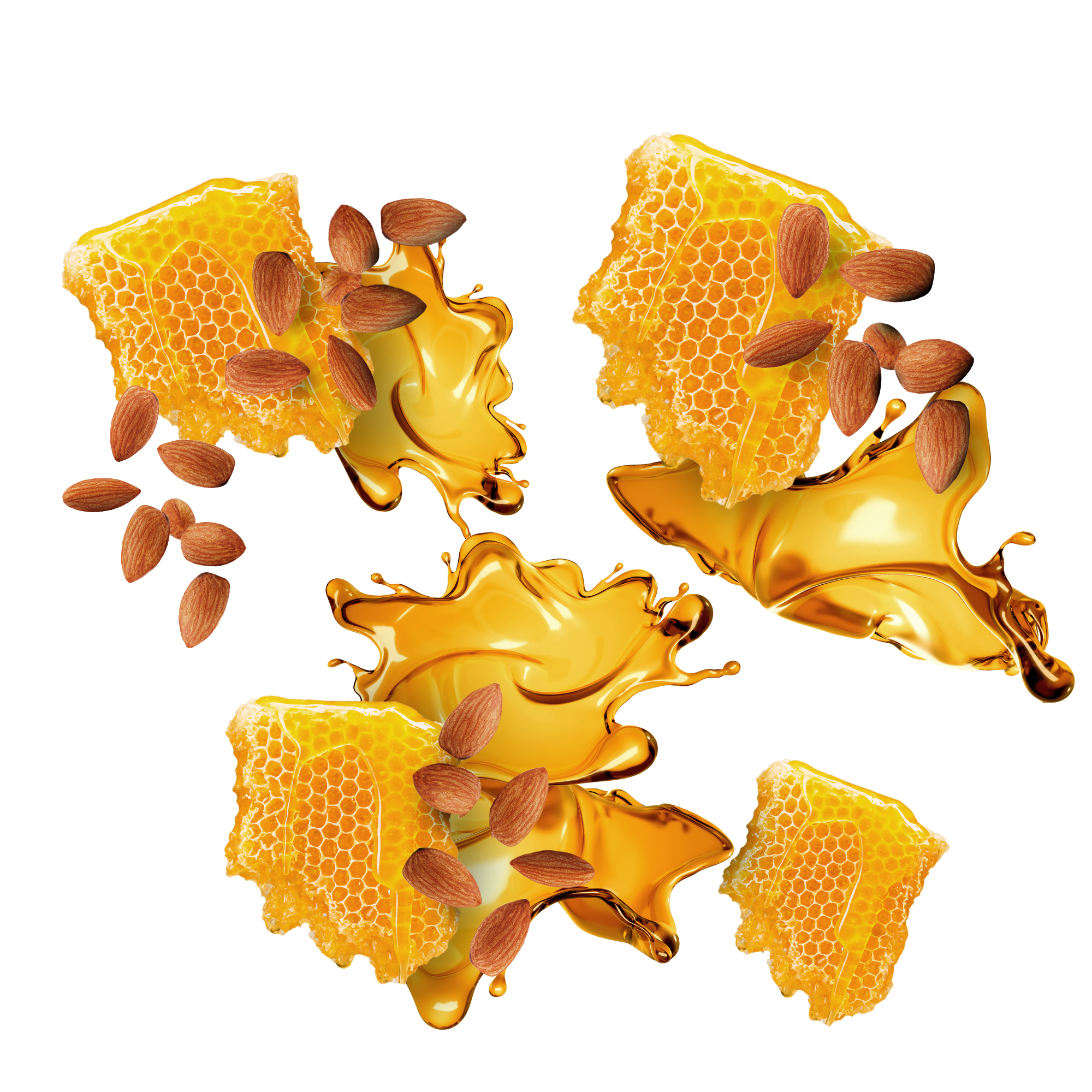 Légende : un groupe de nids d'abeilles d'où tombent des noix