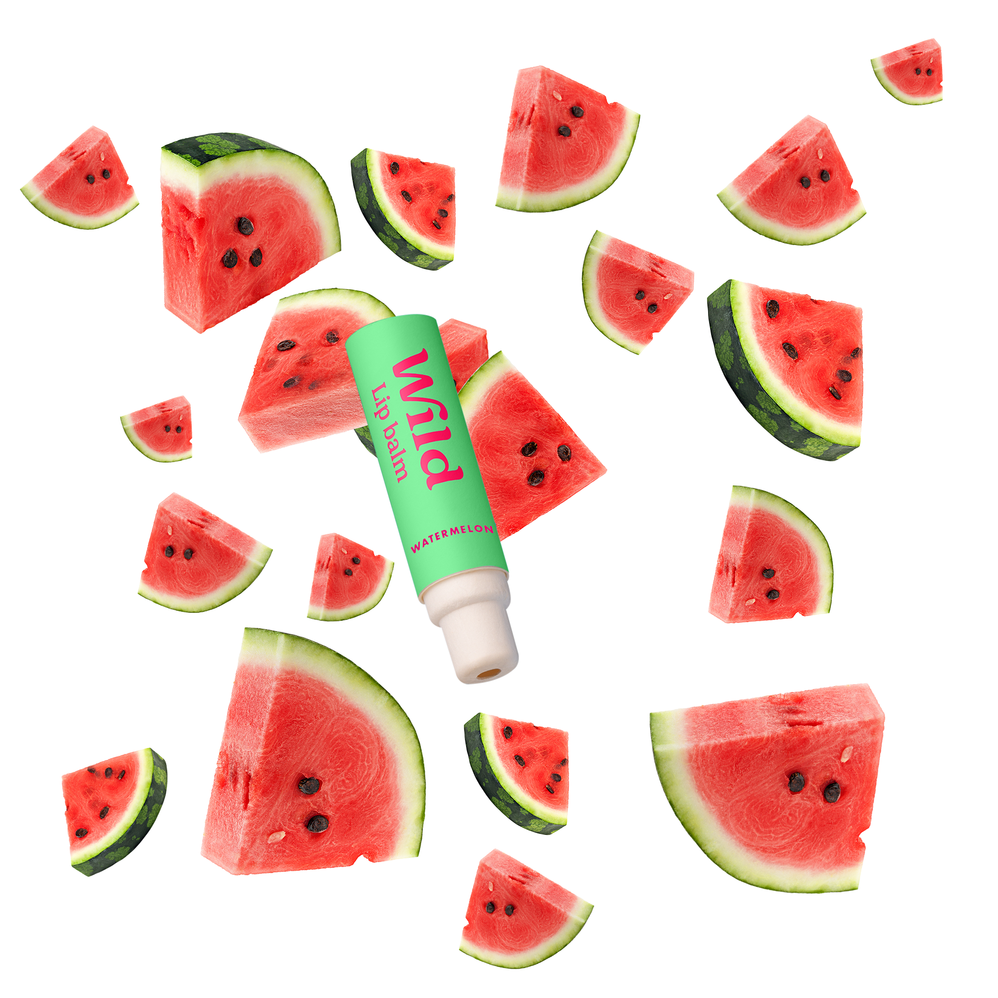 Bildunterschrift: eine Tube Lippenbalsam, umgeben von Wassermelonenscheiben