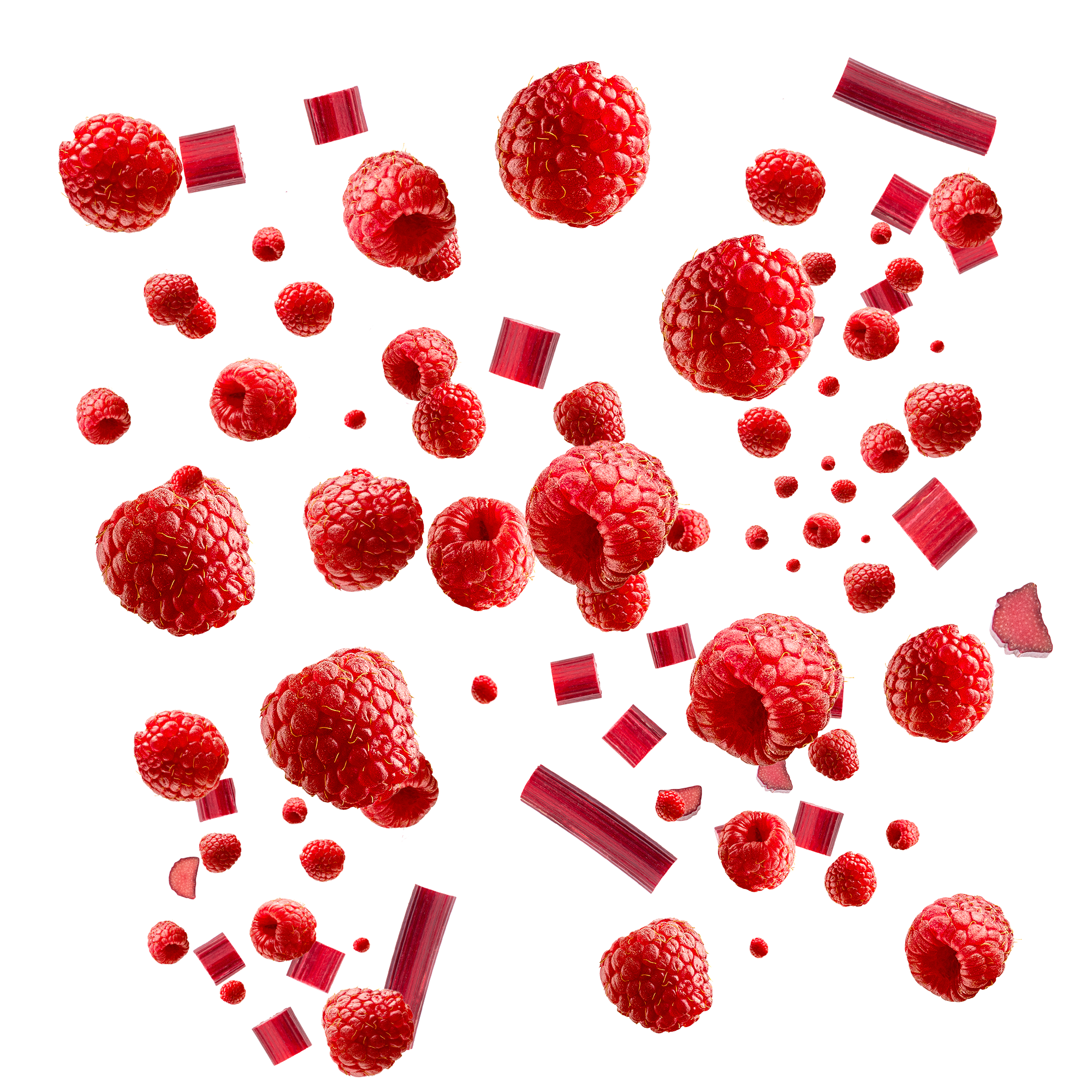 Caption: a bunch of raspberries falling into the air