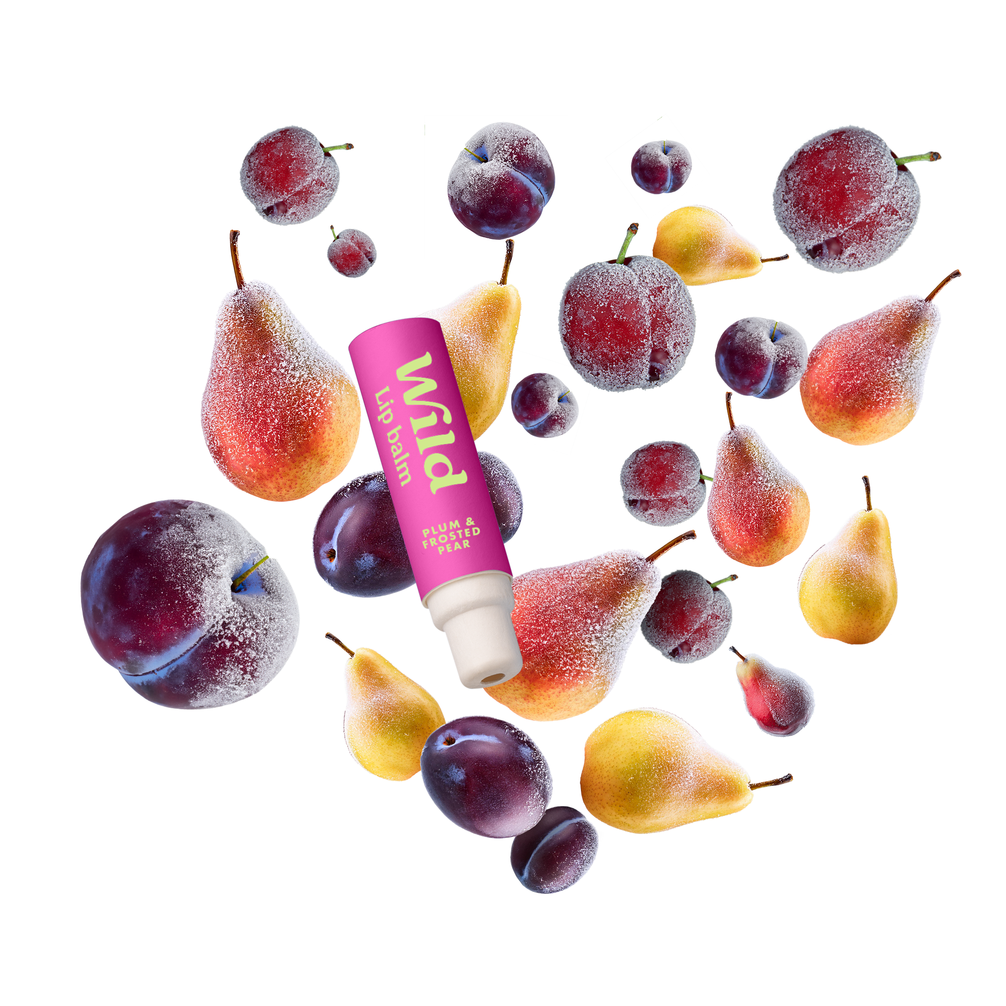 Caption: a tube of lip balm surrounded by fruit