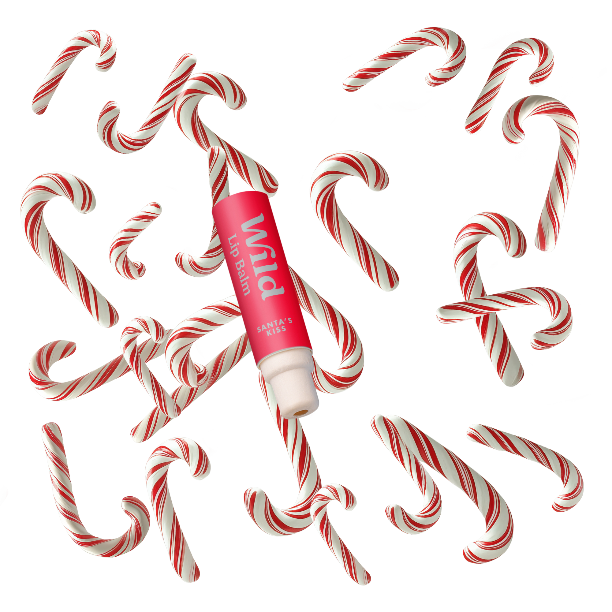 Bildunterschrift: eine Tube Lippenbalsam, umgeben von Zuckerstangen