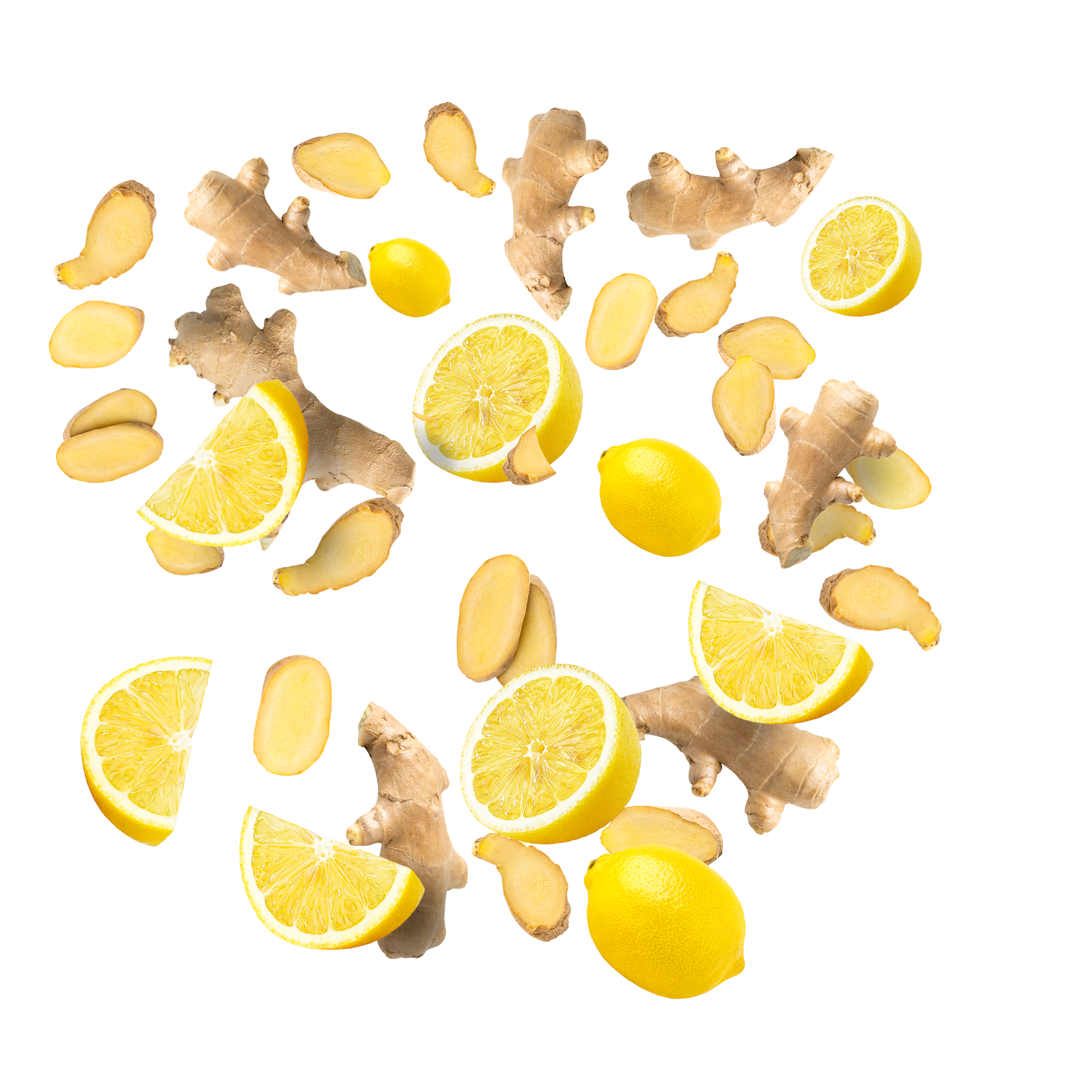 Bijschrift: gesneden citroenen en gember op een witte achtergrond