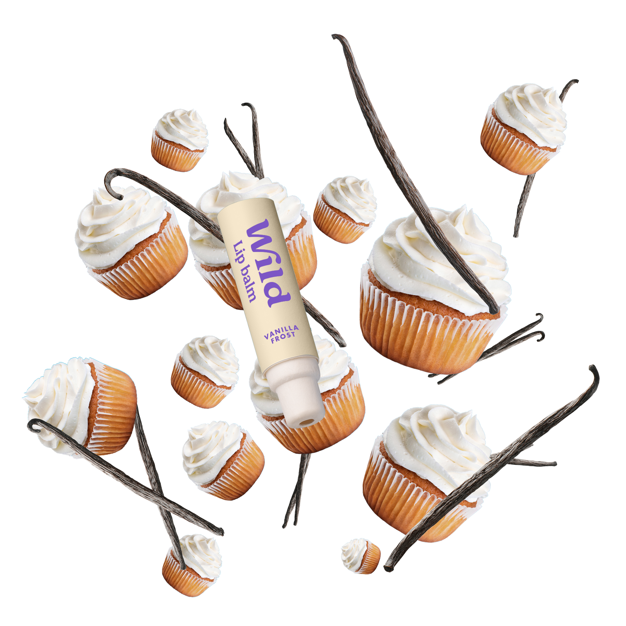 Caption: a cupcake with white frosting and chocolate sticks sticking out of it