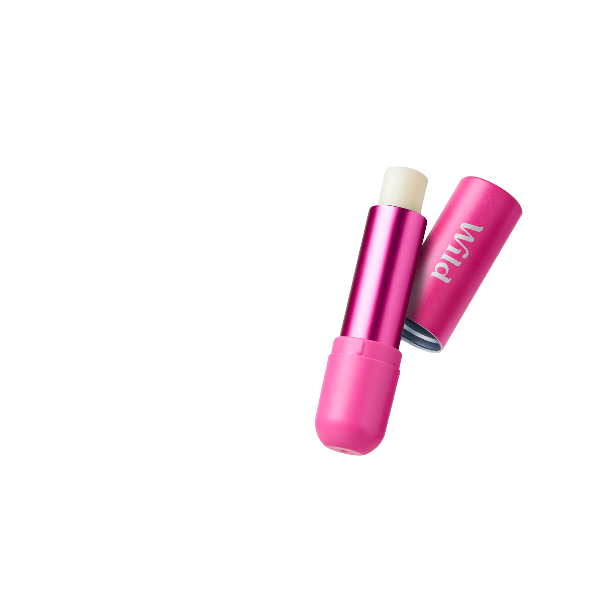 Caption: a pink lipstick stick with a white lid