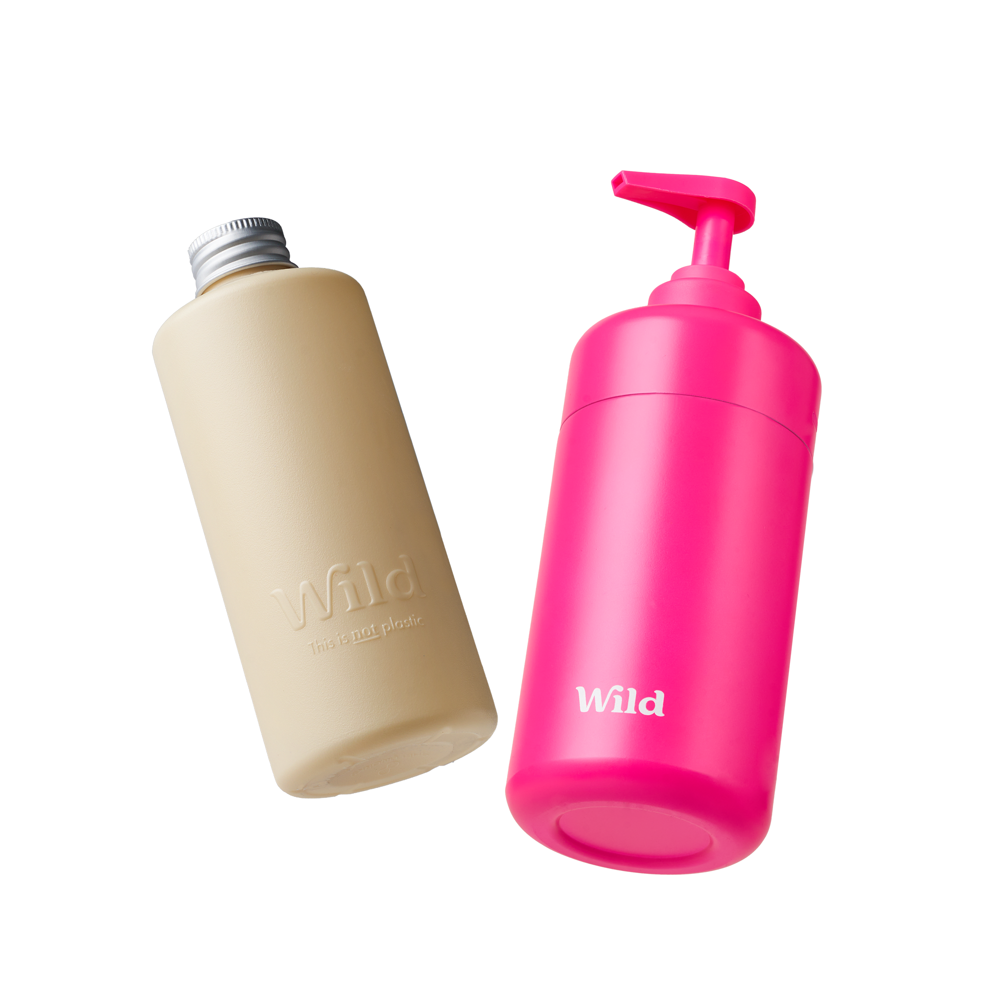 Caption: a pink bottle next to a white bottle