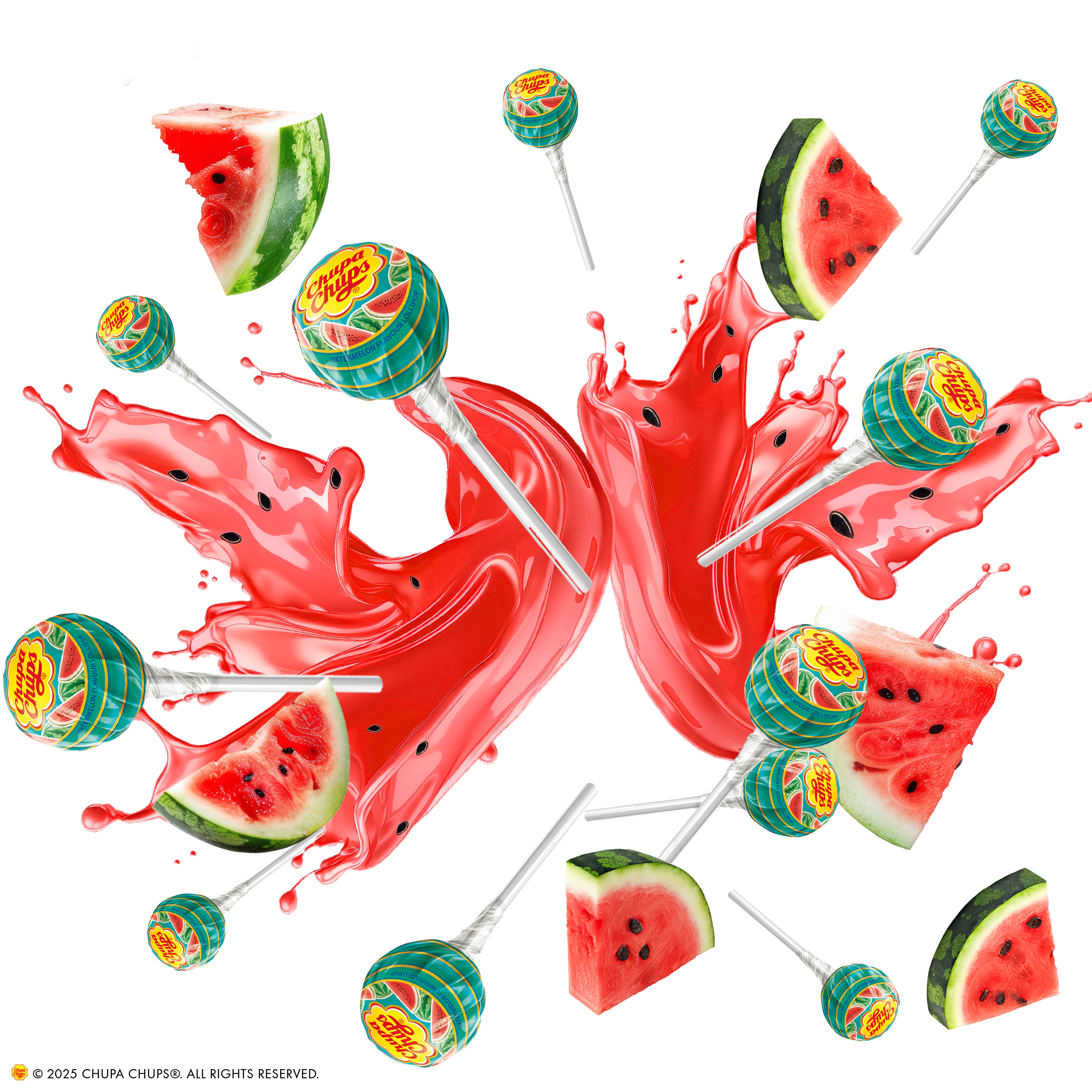 Caption: a group of watermelon lollipops with a splash of pink liquid