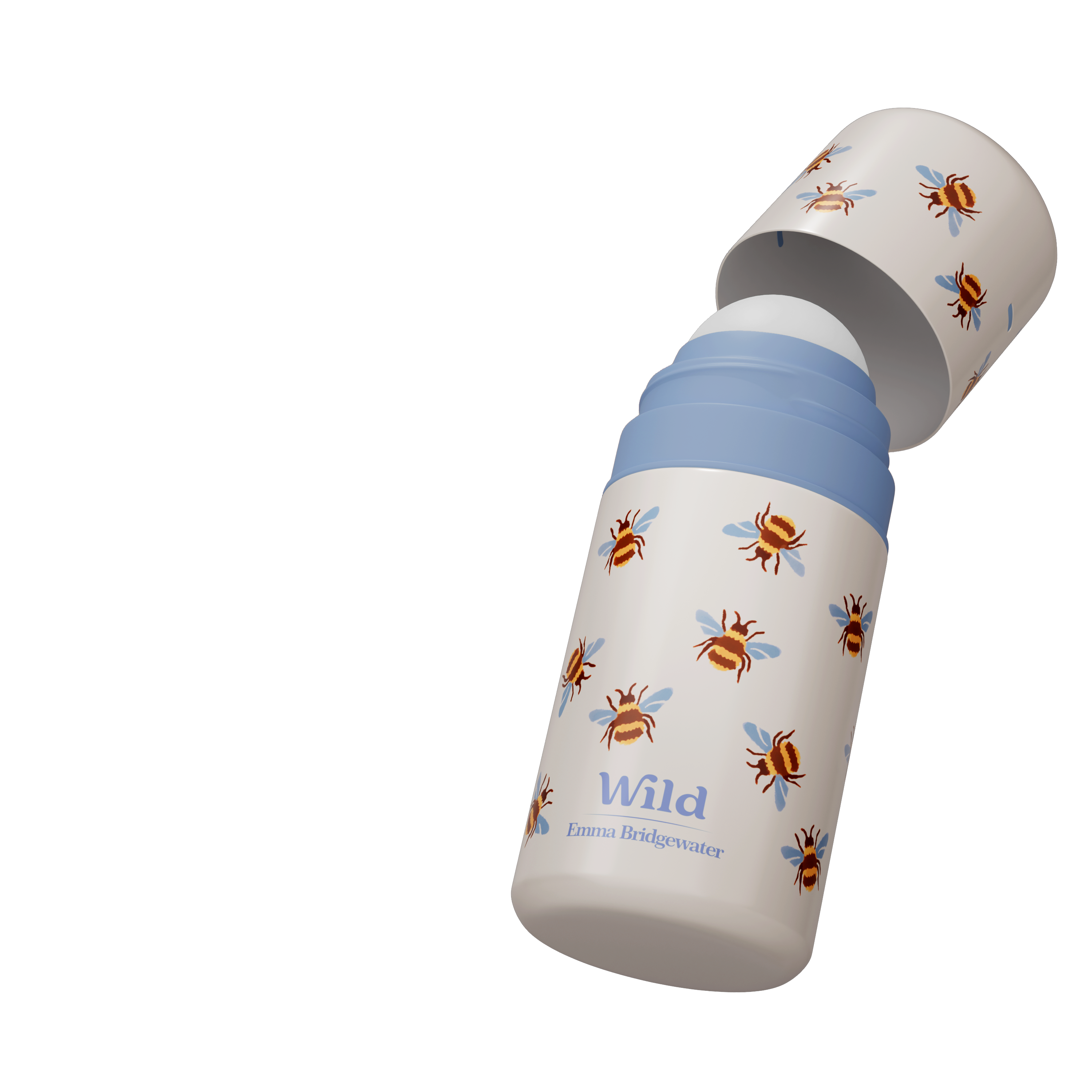 Leyenda: un biberón blanco y azul con abejas