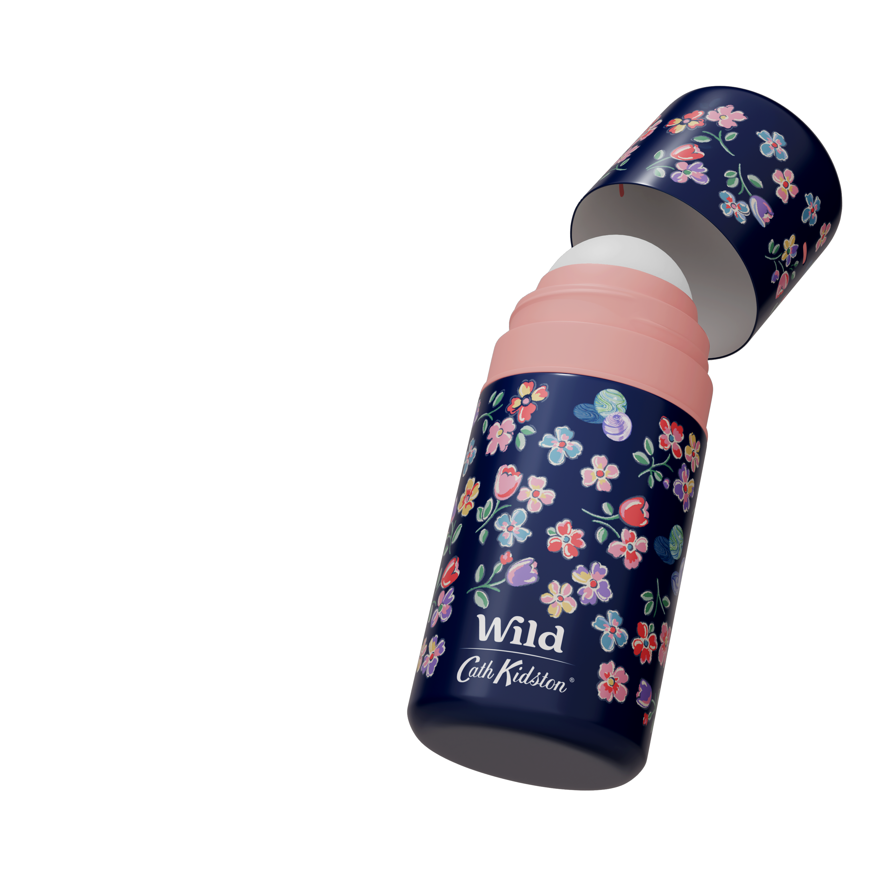 Caption: a pink and blue bottle with flowers on it