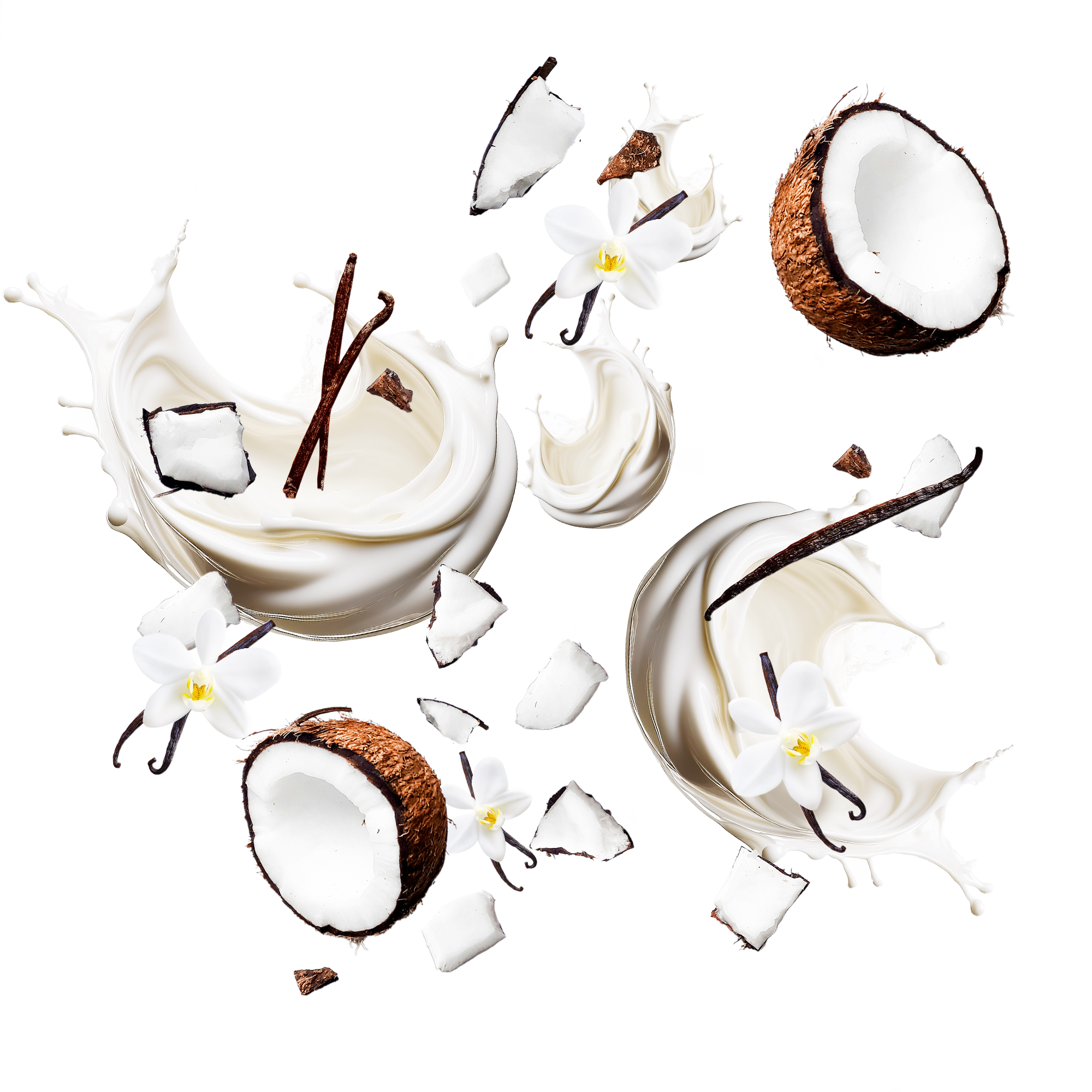 Caption: a milkshake with coconuts and milk splashing out of it