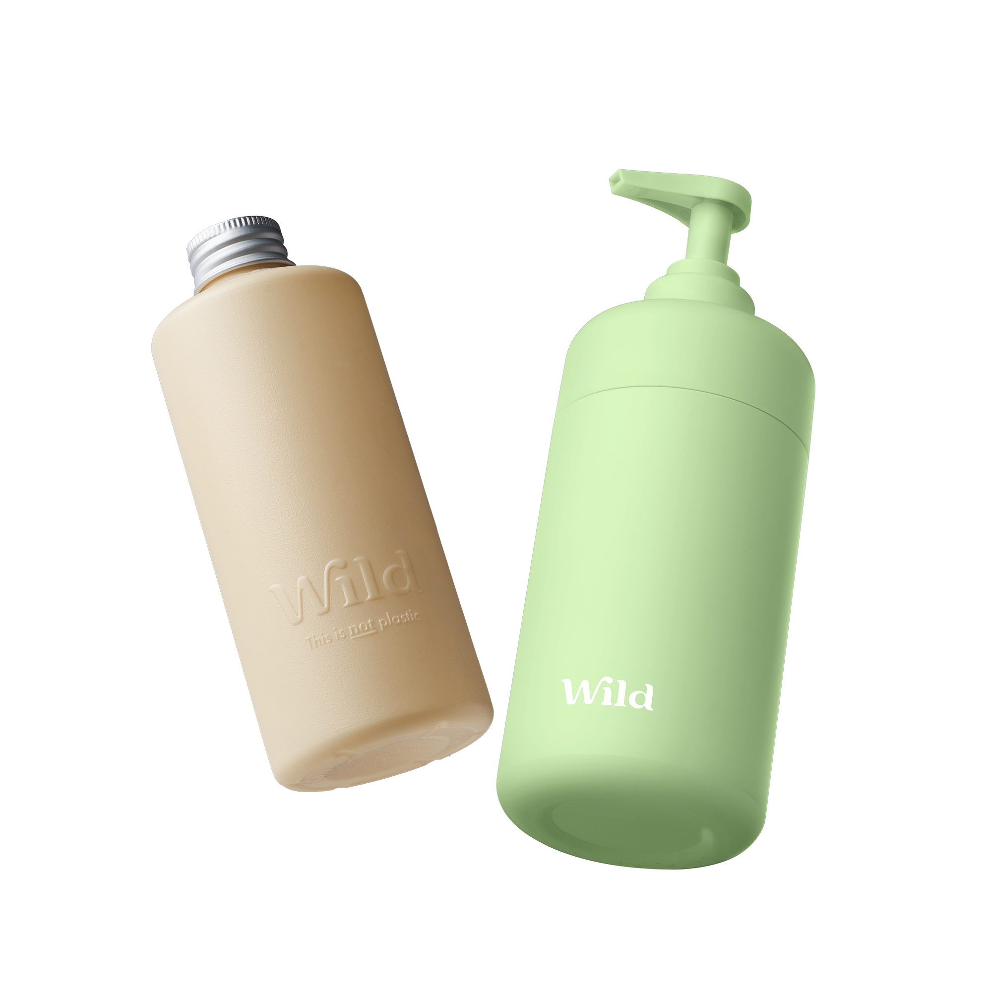 Caption: a bottle of water and a bottle of soap on a white background