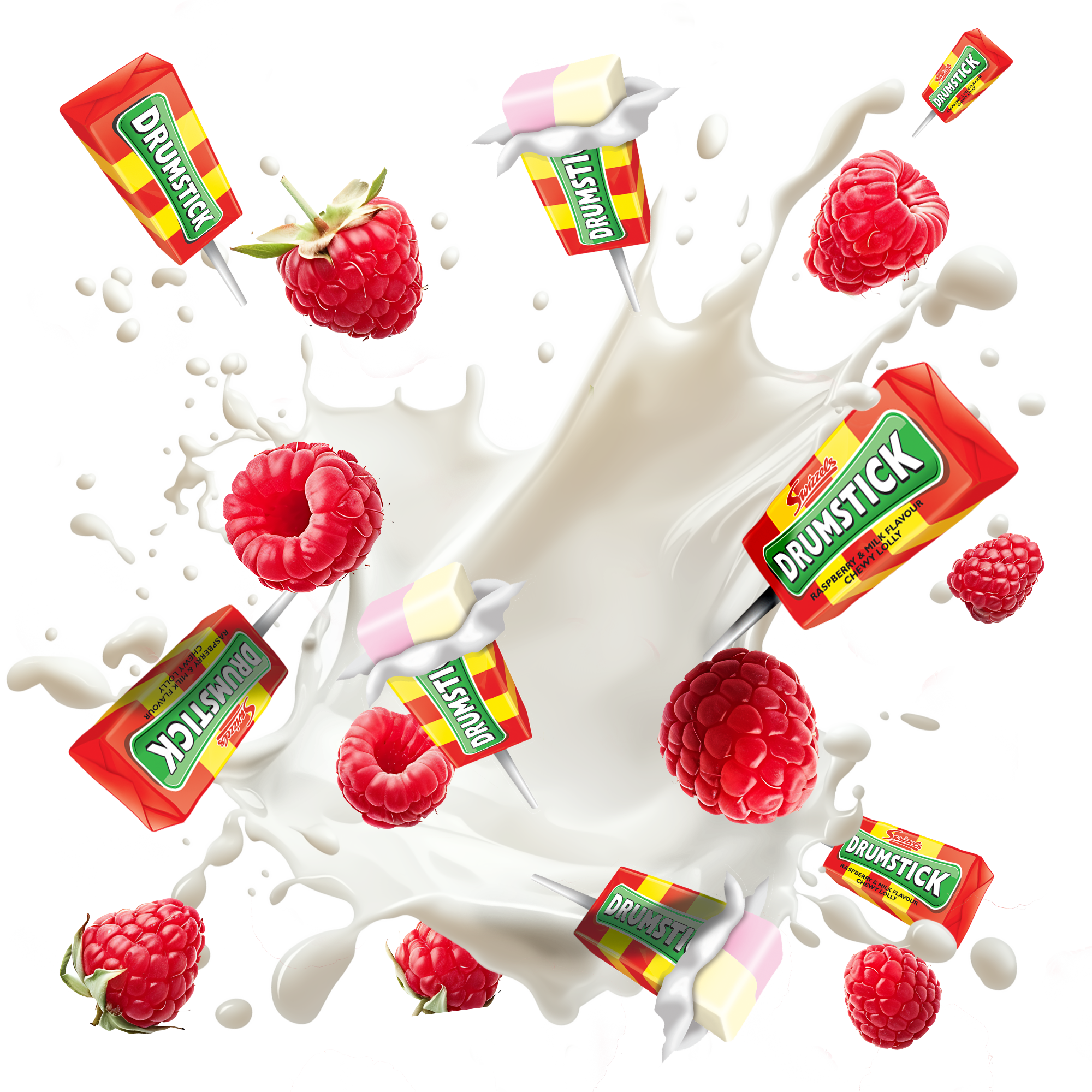 Caption: raspberries and milk splashing into a glass of milk
